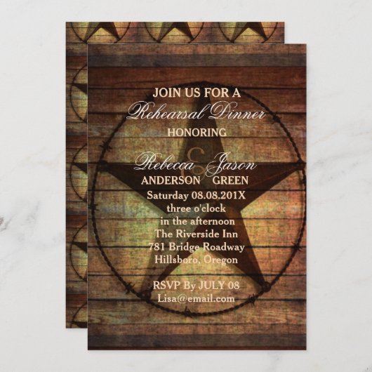 素朴なテキサス州スター結婚ウエスタンのリハーサル 招待状 (正面/裏面)