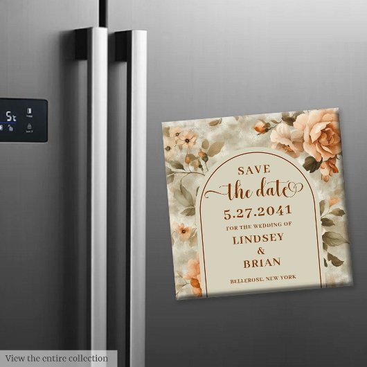 素朴なテラコッタとアイボリーとオリーブの花のSave the Date マグネット