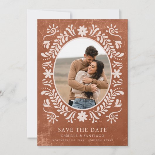 素朴なテラコッタの写真でお知らせする結婚式のSave the Date セーブザデート (正面)