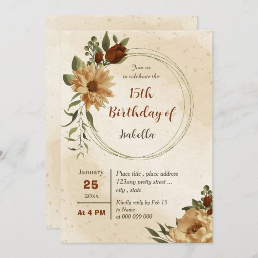 素朴なテラコッタフローラの誕生日 招待状 (正面/裏面)