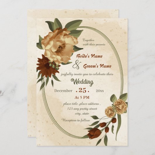 素朴なテラコッタフローラ幾何結婚性の 招待状 (正面/裏面)