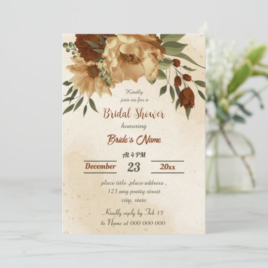 素朴なテラコッタフローラ植物ブライダルシャワー 招待状 (スタンド正面)