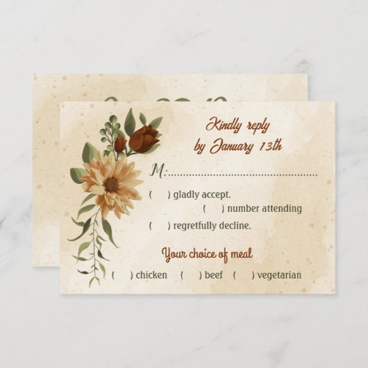 素朴なテラコッタフローラ植物食選択 出欠カード (正面/裏面)