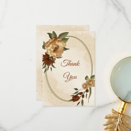 素朴なテラコッタ地球トーンフローラ サンキューカード (正面/裏面インサイチュ)