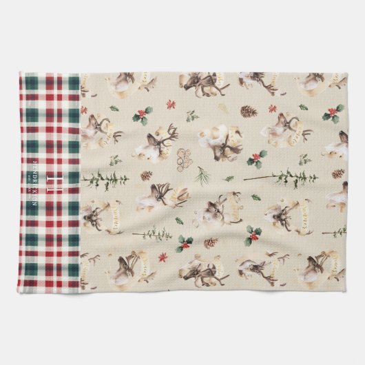 素朴なトナカイの農家スタイルのファミリー名前のイニシャルマーク キッチンタオル (横)