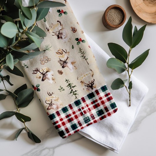 素朴なトナカイの農家スタイルのファミリー名前のイニシャルマーク キッチンタオル