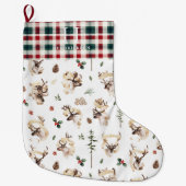 素朴なトナカイの農家スタイルのファミリー ネーム モノグラム ラージクリスマスストッキング (正面)