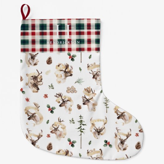 素朴なトナカイの農家スタイルのファミリー ネーム モノグラム ラージクリスマスストッキング (正面)