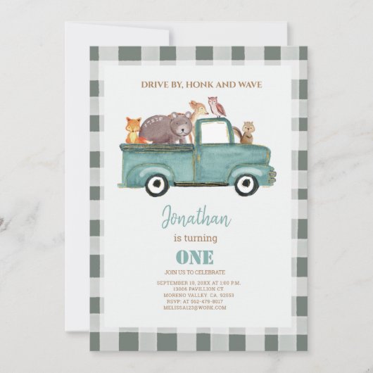 素朴なトラックの1歳誕生日ドライブバイ誕生日 招待状 (正面)