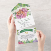 素朴なトロピカルジャングルのキュートな花と猫のベイビーシャワー オールインワン招待状 (貼ってはがせる)