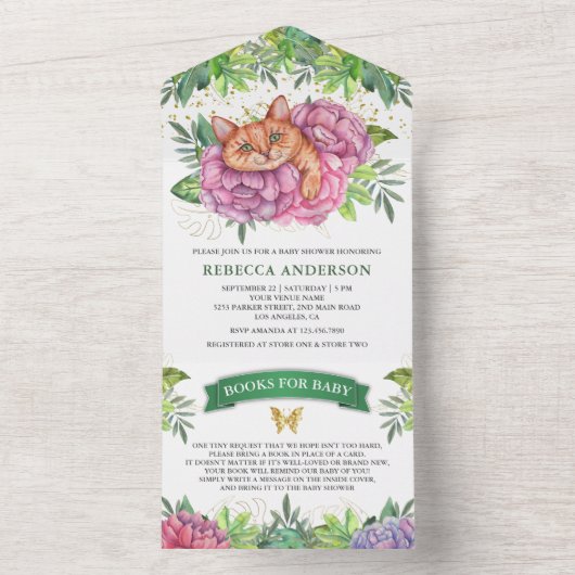 素朴なトロピカルジャングルのキュートな花と猫のベイビーシャワー オールインワン招待状 (内側)