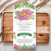 素朴なトロピカルジャングルのキュートな花と猫のベイビーシャワー オールインワン招待状