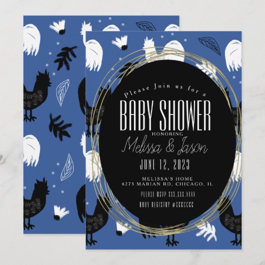 素朴なニワトリの手描きパターン 招待状 (正面/裏面)