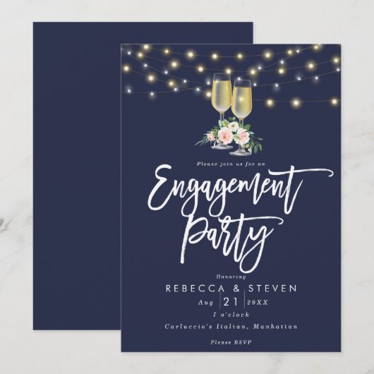 素朴なネイビーの花柄エンゲージメントパーティー招待状 招待状 (正面/裏面)