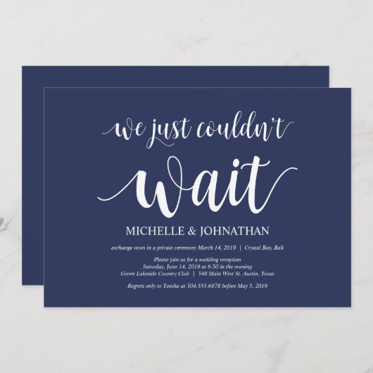 素朴なネイビーブルーのウェディングエロープメントレセプション 招待状 (正面/裏面)