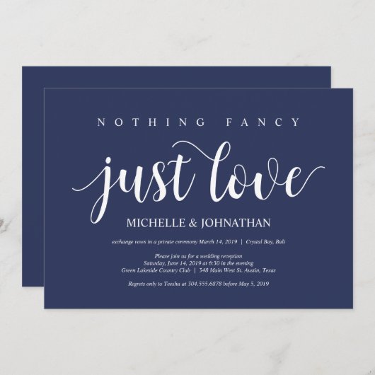 素朴なネイビーブルーのウェディングエロープメントレセプション 招待状 (正面/裏面)
