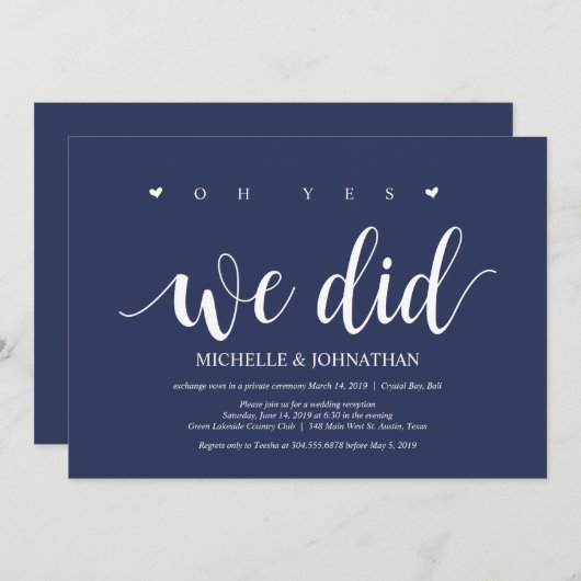 素朴なネイビーブルーのウェディングエロープメントレセプション 招待状 (正面/裏面)