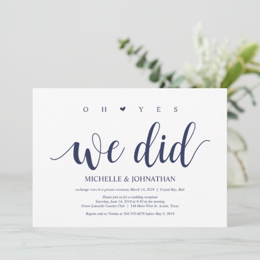 素朴なネイビーブルーのウェディングエロープメントレセプション 招待状 (スタンド正面)