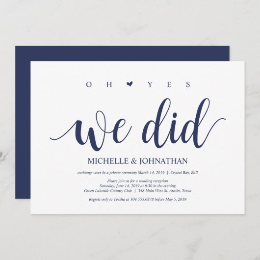 素朴なネイビーブルーのウェディングエロープメントレセプション 招待状 (正面/裏面)