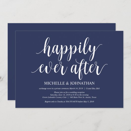 素朴なネイビーブルーのウェディングエロープメントレセプション 招待状 (正面/裏面)
