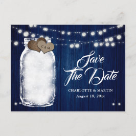 素朴なネイビーブルーのメイソンジャー結婚式のSave The Date 案内ポストカード