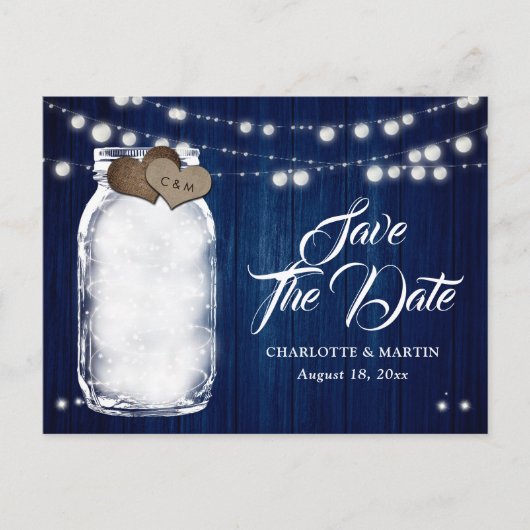 素朴なネイビーブルーのメイソンジャー結婚式のSave The Date 案内ポストカード (正面)