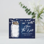 素朴なネイビーブルーのメイソンジャー結婚式のSave The Date 案内ポストカード (スタンド正面)