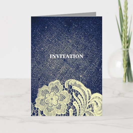 素朴なネイビーブルーの麻レースカントリーウェディング 招待状 (正面)