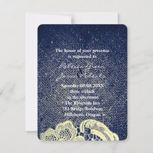 素朴なネイビーブルーバーラップレースの田舎の結婚式 招待状 (裏面)