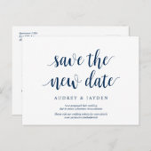 素朴なネイビーブルー、新しい日程を保存しよう、結婚式延期しました ポストカード (正面/裏面)