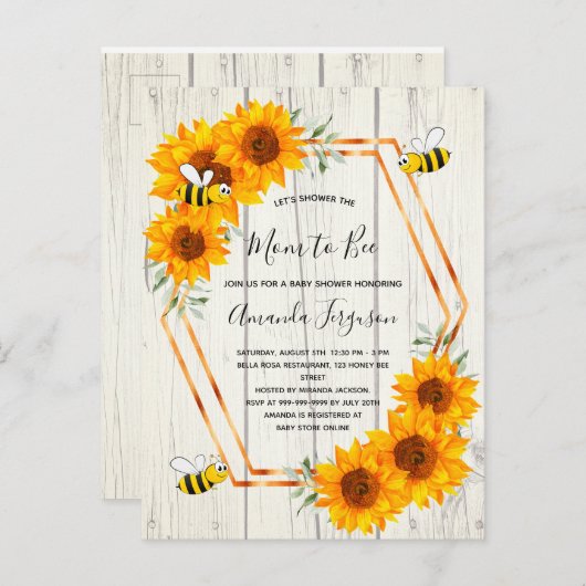 素朴なハチの赤ちゃんシャワーひまわり木の招待状 ポストカード (正面/裏面)
