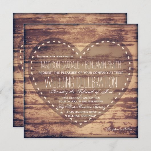 素朴なハートの納屋の木製の国の結婚式招待状 招待状 (正面/裏面)