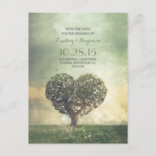 素朴なハートツリーヴィンテージ保存日付 案内ポストカード (正面)