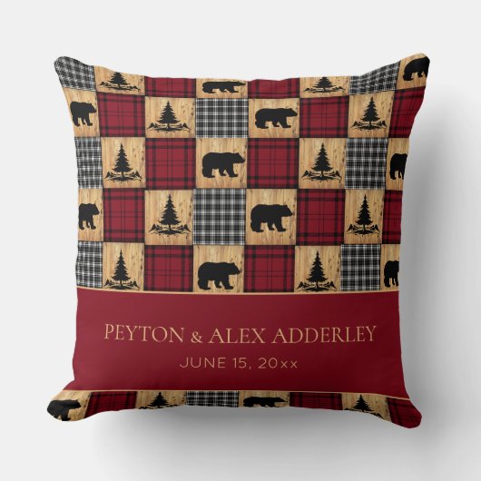 素朴なバイソンチェッククマの結婚記念日 クッション (正面)