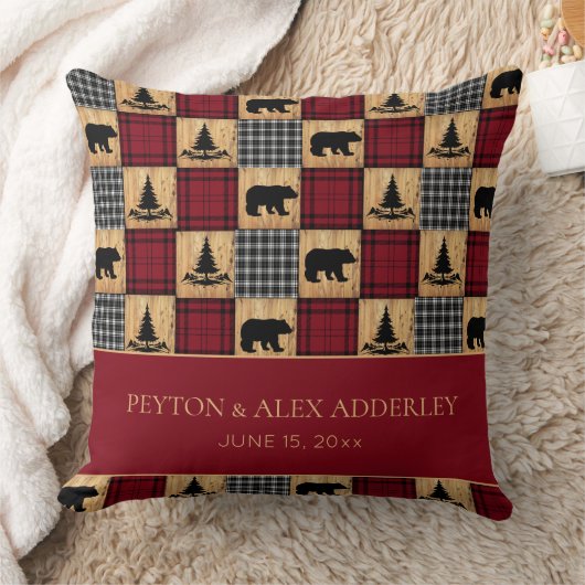 素朴なバイソンチェックベアの結婚記念日 クッション (ブランケット)
