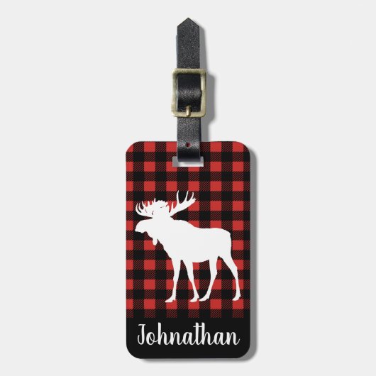 素朴なバッファローの点検の格子縞及び白いアメリカヘラジカ ラゲッジタグ (正面縦)