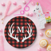 素朴なバッファローの点検の格子縞及び白いシカの(雄ジカの)枝角 ペーパープレート (パーティー)