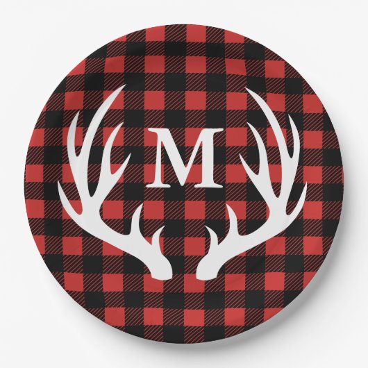 素朴なバッファローの点検の格子縞及び白いシカの(雄ジカの)枝角 ペーパープレート (正面)