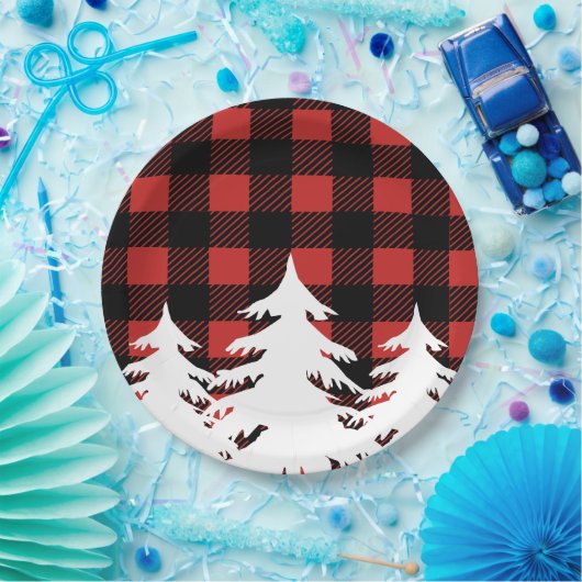 素朴なバッファローの点検の格子縞及び白い森林木 ペーパープレート (パーティー)