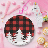 素朴なバッファローの点検の格子縞及び白い森林木 ペーパープレート (パーティー)