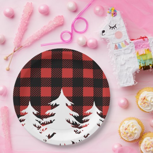 素朴なバッファローの点検の格子縞及び白い森林木 ペーパープレート (パーティー)