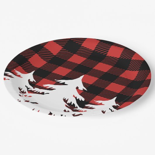 素朴なバッファローの点検の格子縞及び白い森林木 ペーパープレート (アングル)