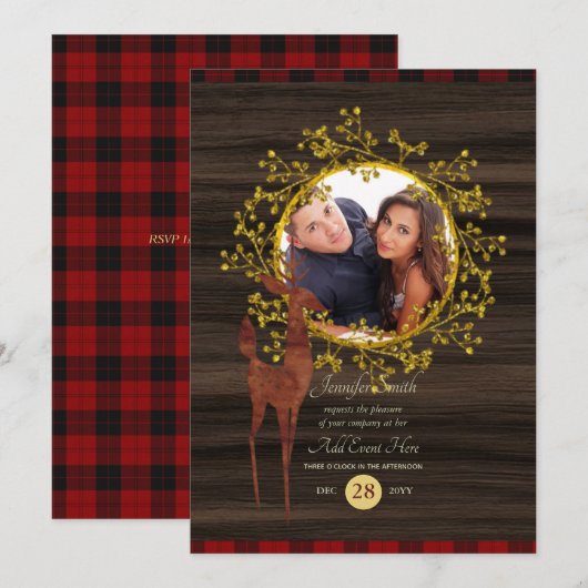 素朴なバフアロープレイドの鹿の写真　あらゆるイベント 招待状 (正面/裏面)