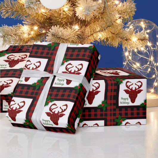 素朴なバフアロープレイドの鹿の頭のクリスマス ラッピングペーパー (クリスマス)