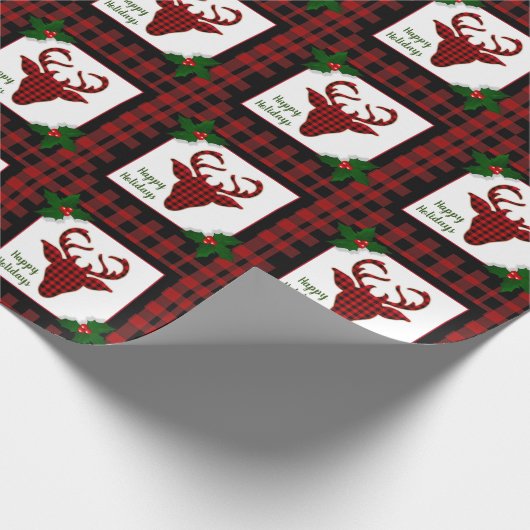 素朴なバフアロープレイドの鹿の頭のクリスマス ラッピングペーパー (角)