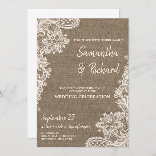 素朴なバユニークラップとレースのビンテージ結婚式 招待状 (正面/裏面)