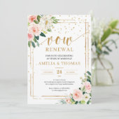 素朴なバラ色のピンクの花のゴールドフレーム誓いの更新 招待状 (スタンド正面)