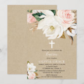 素朴なバラ色の白い花の女の子の洗礼 招待状 (正面/裏面)