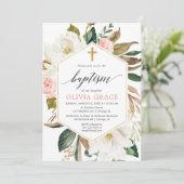 素朴なバラ色の白い花の女の子の洗礼 招待状 (スタンド正面)