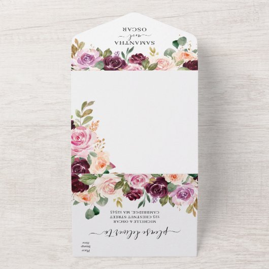 素朴なバーガンディの水彩花とゴールドドロップ オールインワン招待状 (外側)